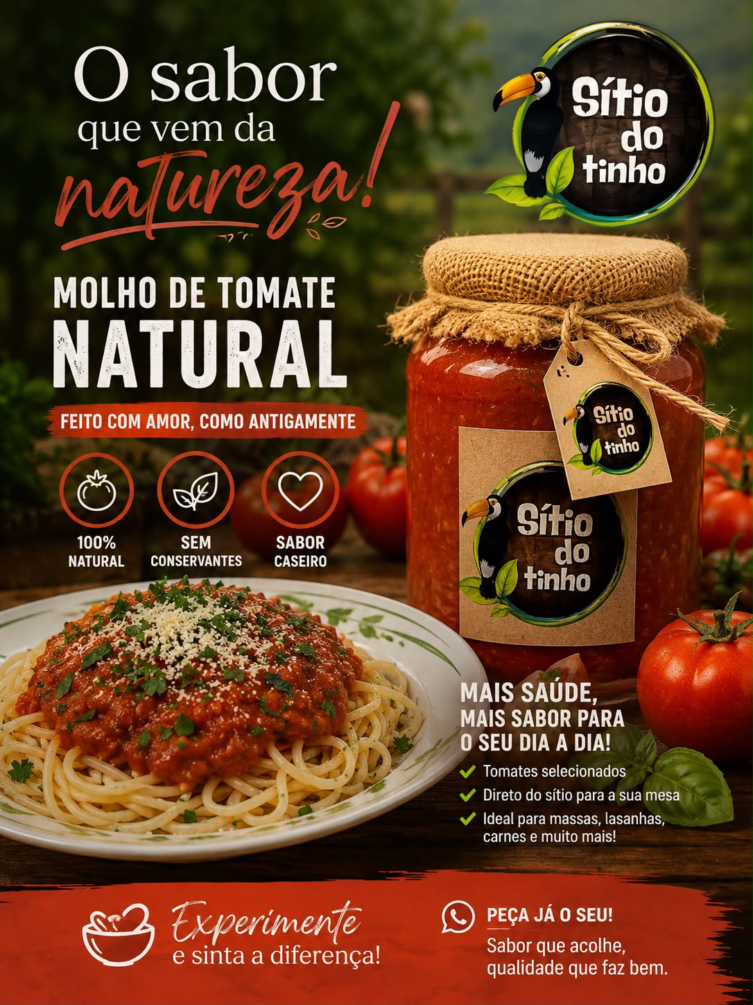 Molho de tomate natural produzido pelo Sítio do Tinho